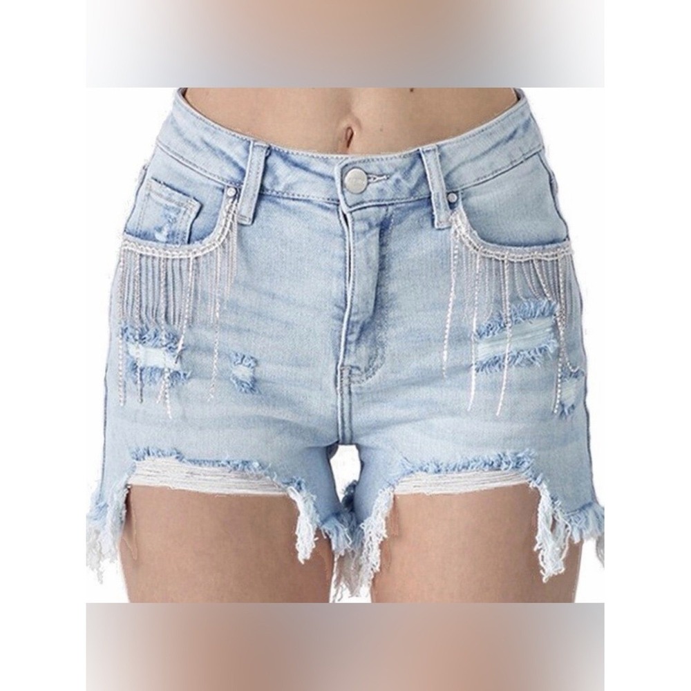 NWT Risen High Rise Rhinestone Distressed Denim Shorts Light Wash Small Fringe
